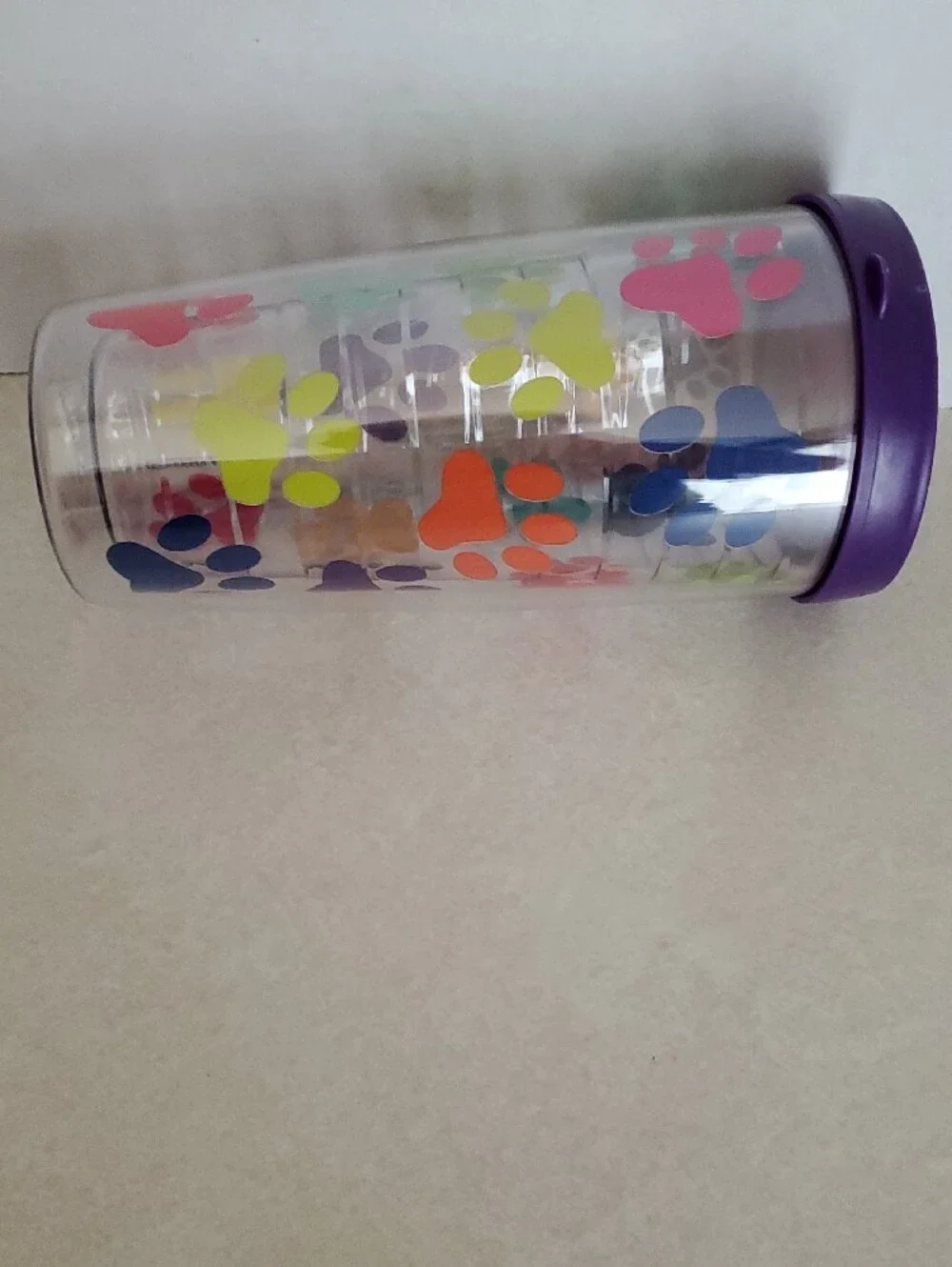 Purple-Lid Paw Print Travel Tumbler